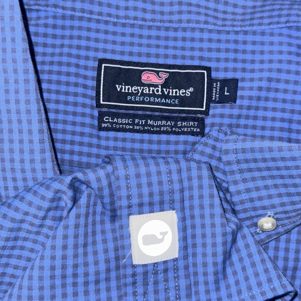 Vineyard Vines Performance Classic Fit Murray Shirt Men L Blue Check Long Sleeve